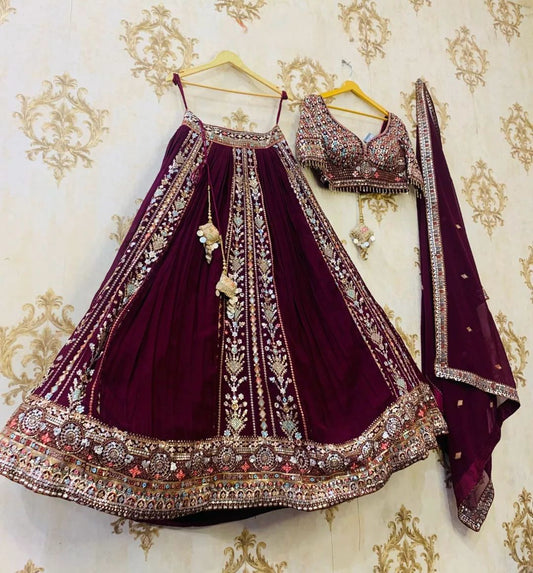 Wedding Wear Maroon Georgette Sequence Embroidered Lehenga Choli