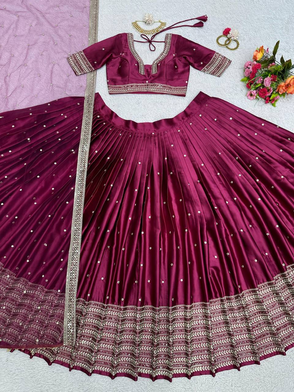 Function Wear Maroon Malay Silk Embroidered Lehenga Choli