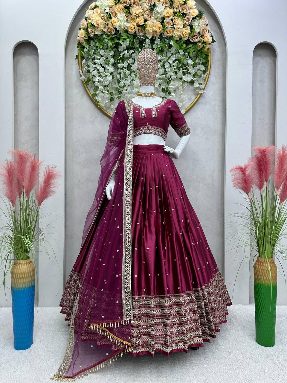 Function Wear Maroon Malay Silk Embroidered Lehenga Choli