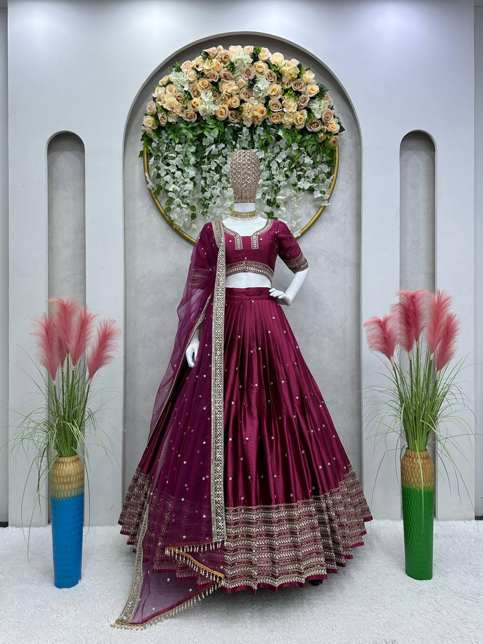 Function Wear Maroon Malay Silk Embroidered Lehenga Choli