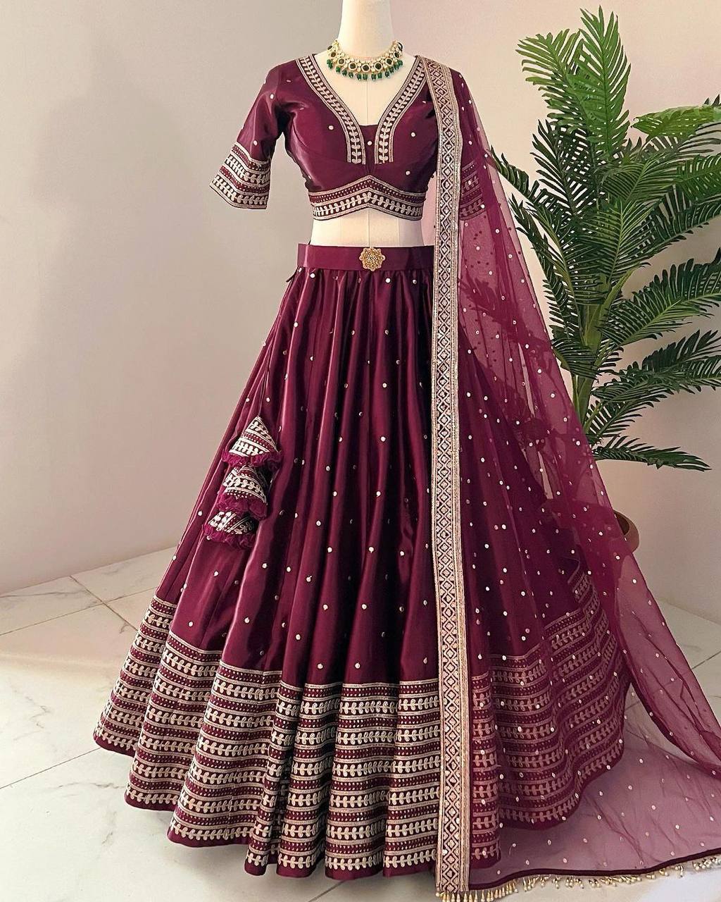 Function Wear Maroon Malay Silk Embroidered Lehenga Choli