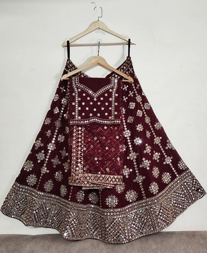 Real Mirror Work Maroon Georgette Lehenga Choli