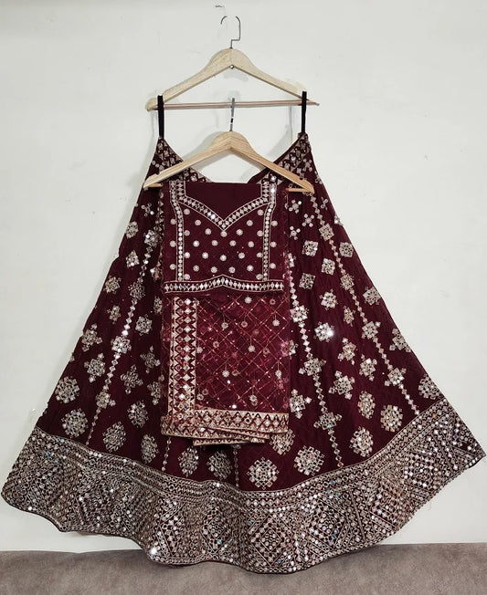 Real Mirror Work Maroon Georgette Lehenga Choli