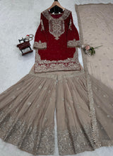 Load image into Gallery viewer, Maroon Cream Georgette Full Stitched Sharara Suit
