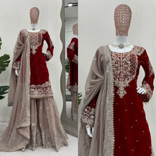 Load image into Gallery viewer, Maroon Cream Georgette Full Stitched Sharara Suit
