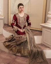 Load image into Gallery viewer, Maroon Cream Georgette Full Stitched Sharara Suit
