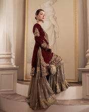 Load image into Gallery viewer, Maroon Cream Georgette Full Stitched Sharara Suit
