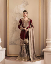 Load image into Gallery viewer, Maroon Cream Georgette Full Stitched Sharara Suit
