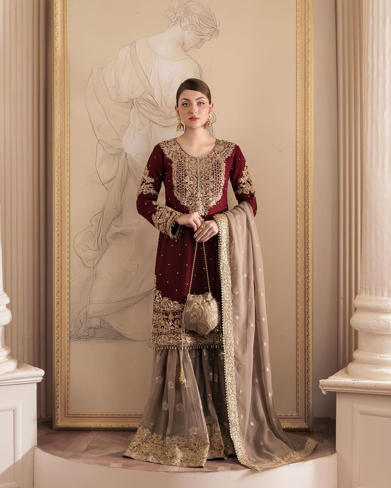 Maroon Cream Georgette Full Stitched Sharara Suit