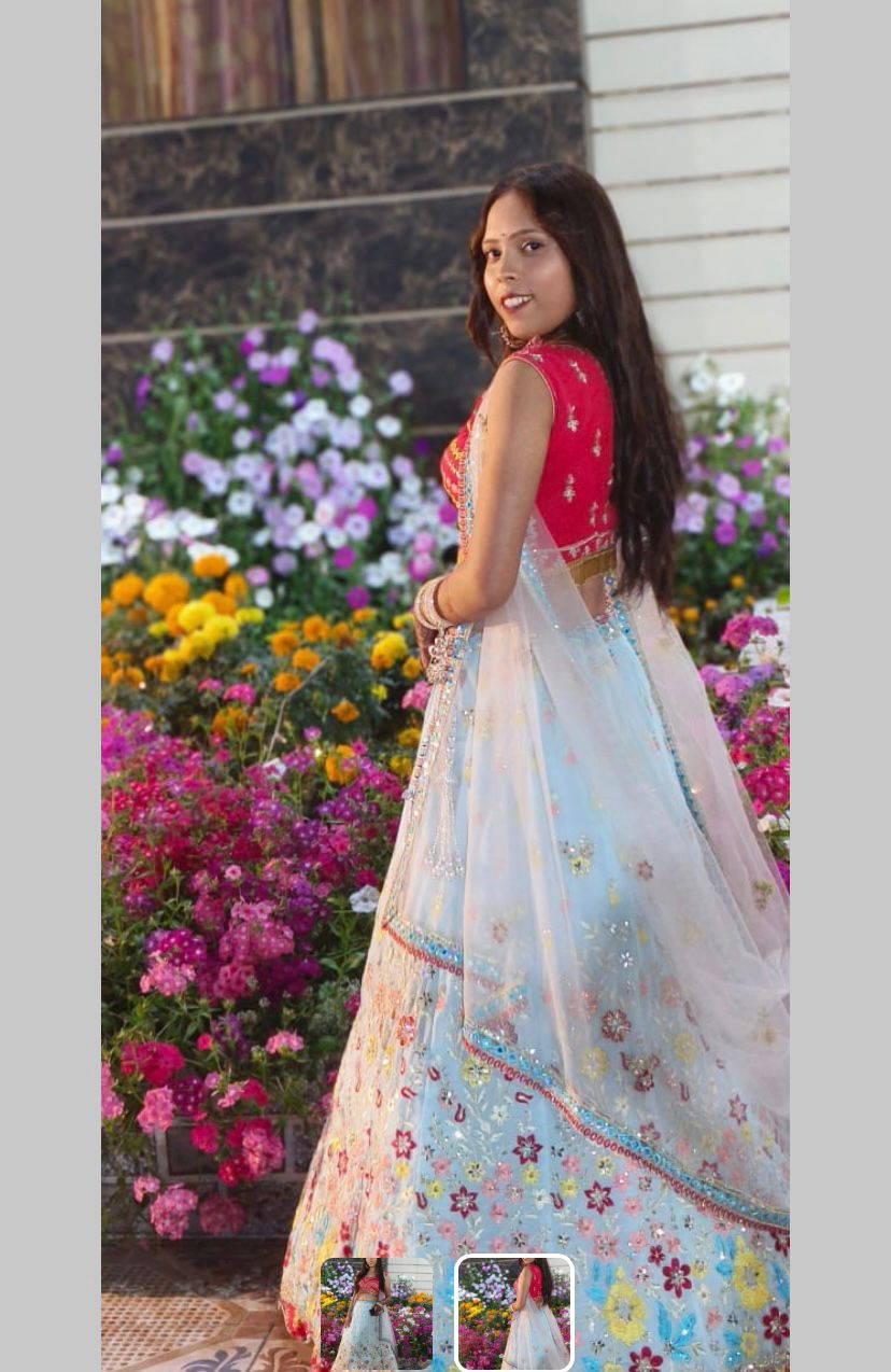 Haldi Mehndi Wear Sky Georgette Real Mirror Embroidered Work Lehenga Choli
