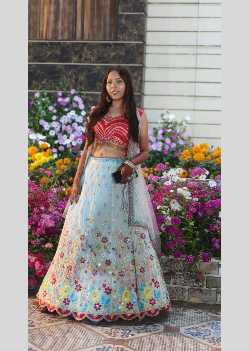 Haldi Mehndi Wear Sky Georgette Real Mirror Embroidered Work Lehenga Choli