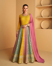 Load image into Gallery viewer, Multi Color Georgette Full Stitched Haldi Wear Gown
