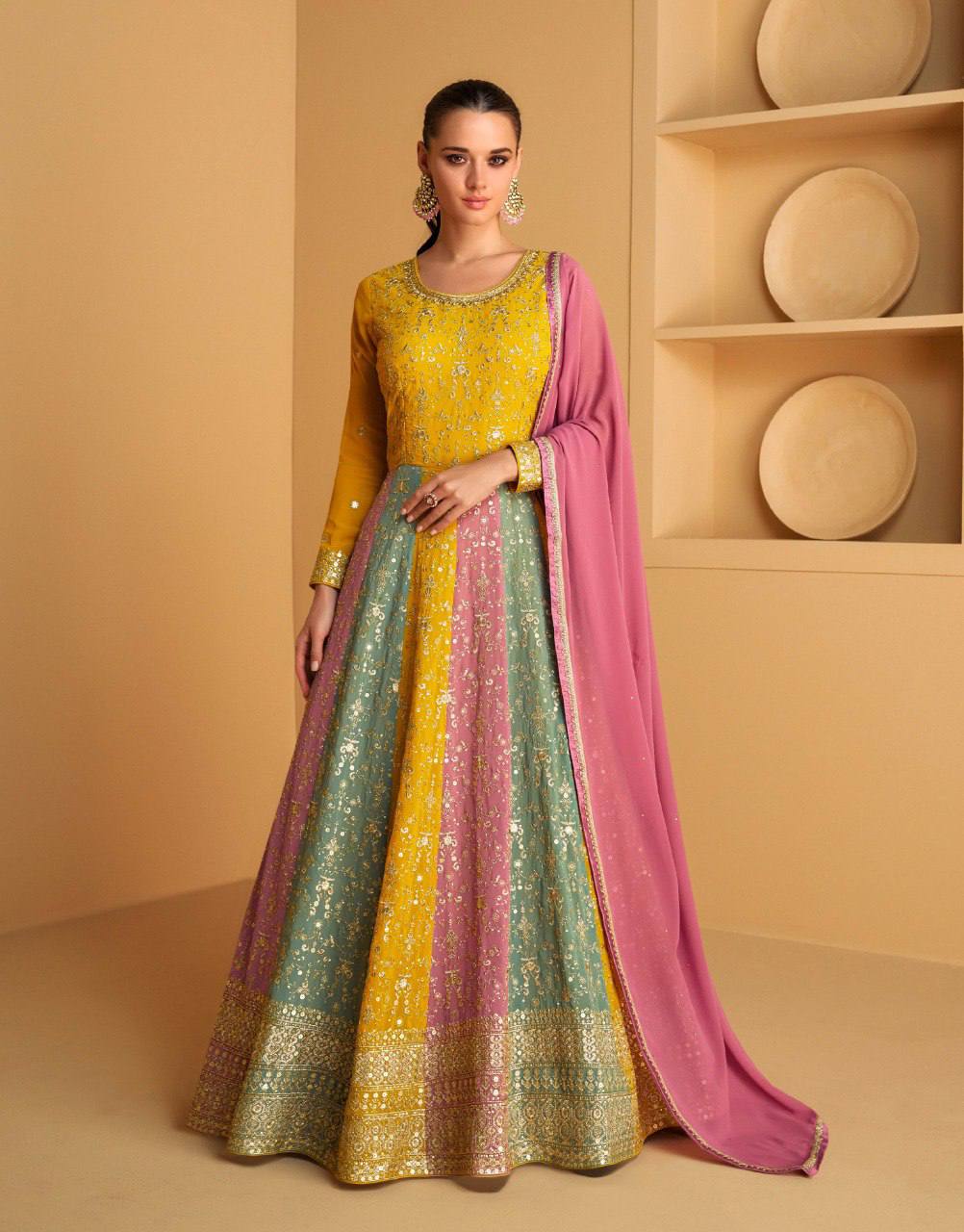 Multi Color Georgette Full Stitched Haldi Wear Gown