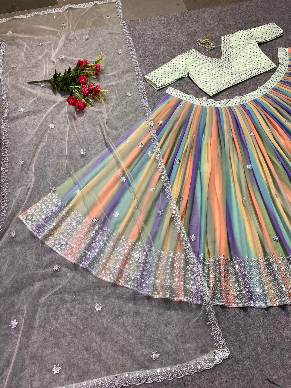 Multi Color Georgette Semi Stitched Lehenga Choli For Women
