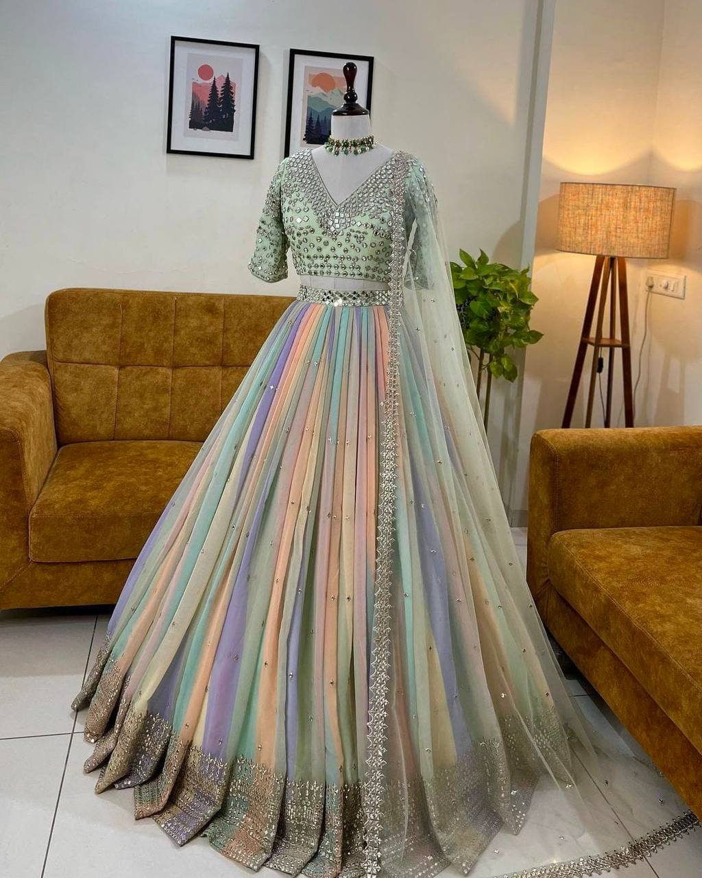 Multi Color Georgette Semi Stitched Lehenga Choli For Women