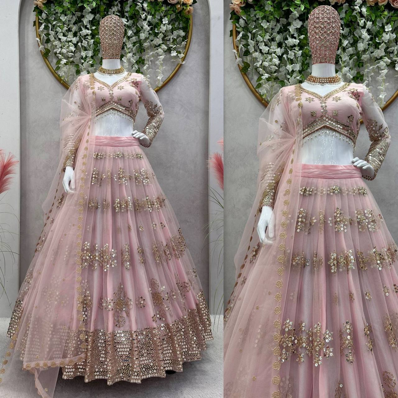 Bewildering Pink Color Wedding Wear Net Chine Semi Stitched Work Lehenga Choli