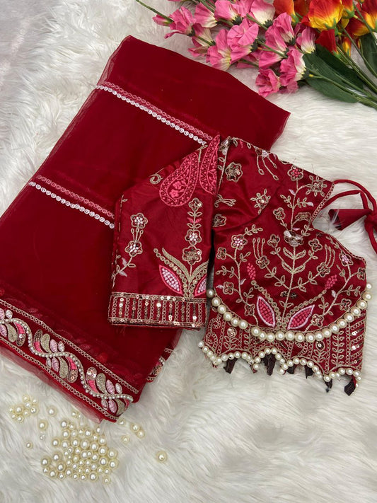Sky Color Soft Net Saree With Heavy Pearl Work Blouse