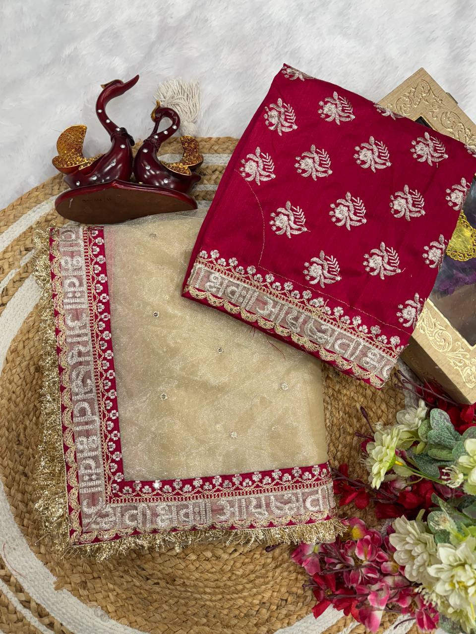 Function Wera Soft Twill Net Cream Saree With Red Work Blouse