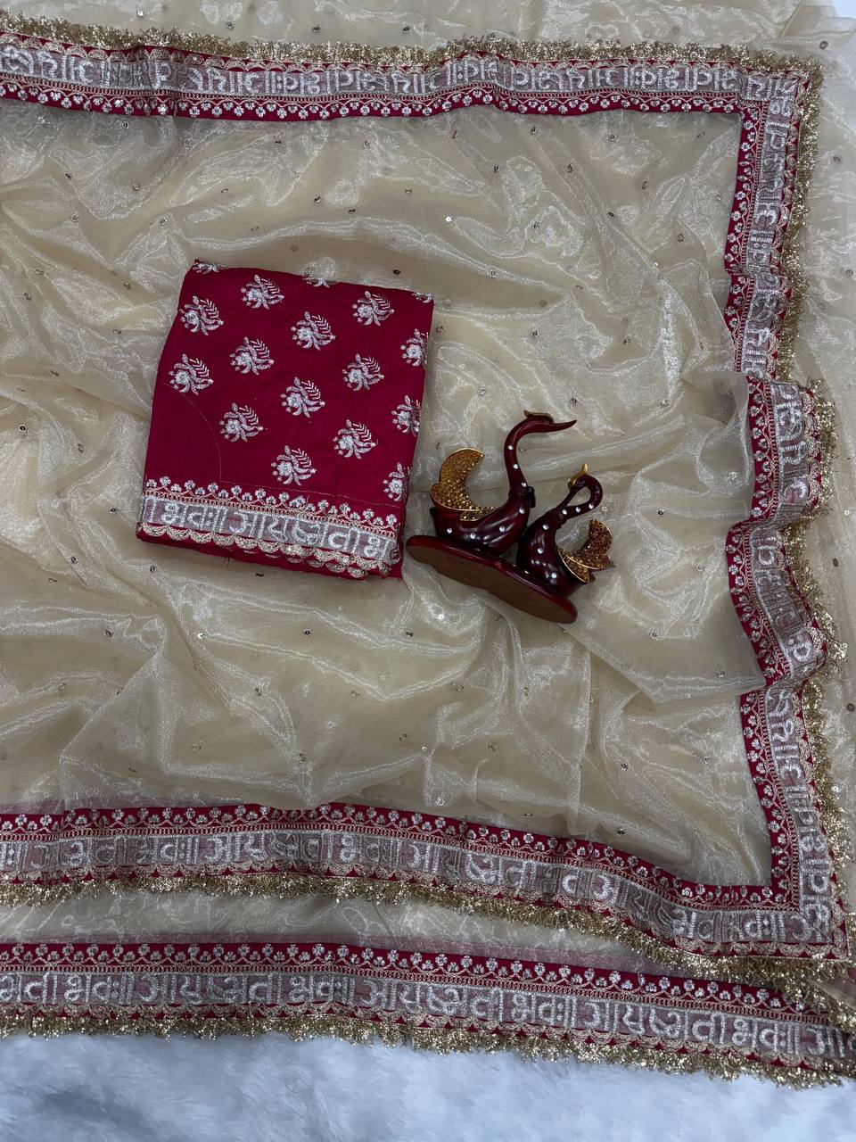 Function Wera Soft Twill Net Cream Saree With Red Work Blouse