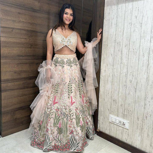 Stylish Soft Net Embroidered Lehenga Choli For Sangeet Reception Wear