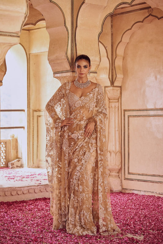 Golden Soft Net Heavy Sequence Work Party Wear Saree