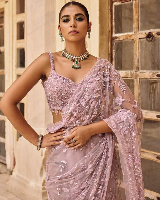Onion Soft Net Sparkling Sequence Work Saree