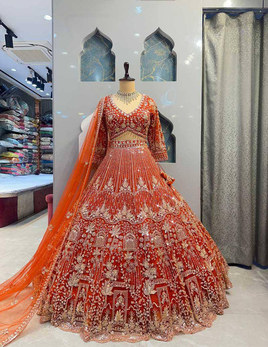 Burnt Orange Color Sequence Dori Embroidered Lehenga Choli