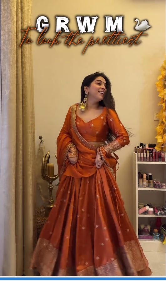 Orange Color Satin Silk Unique Designer Lehenga Choli