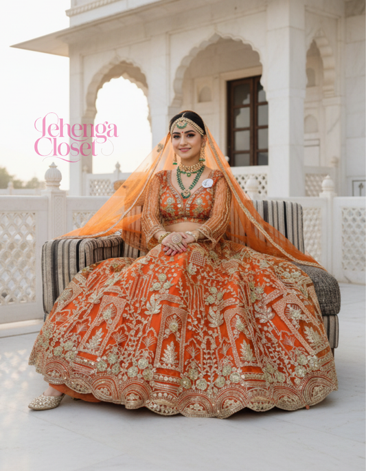 Orange Soft Net Sequence Dori Embroidered Lehenga Choli
