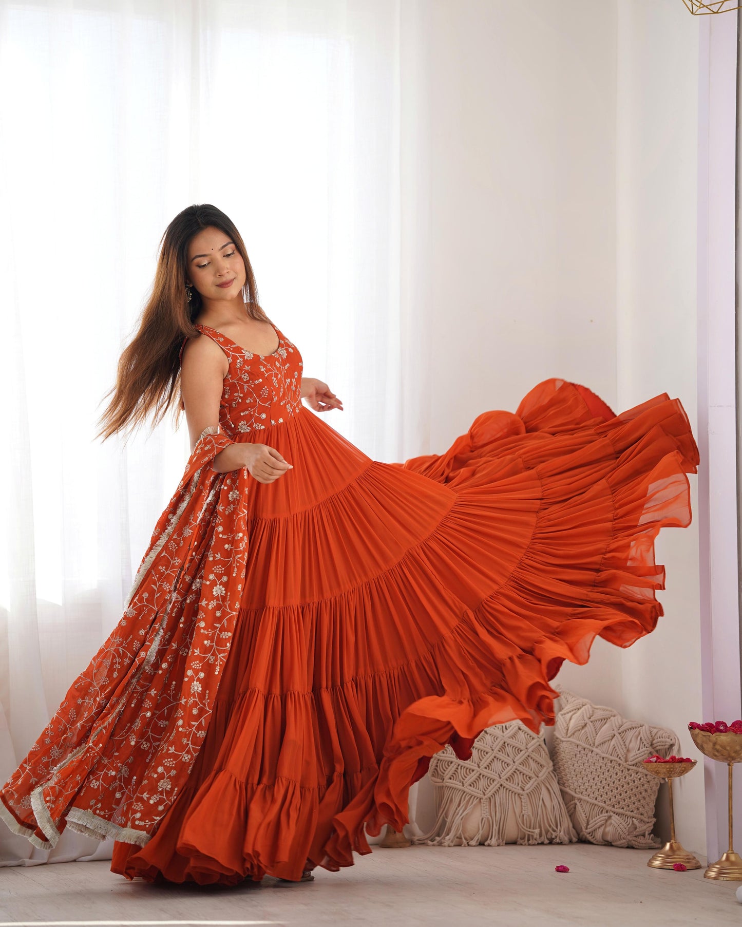 Brick Color Georgette 12.0 Mtr Flair Fully Stitched Gown Set