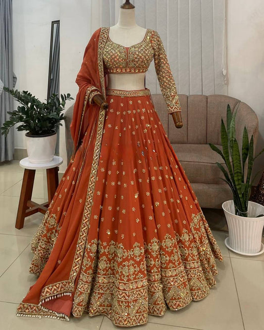 Burnt Orange Color Georgette Sequence Work Designer Lehenga Choli