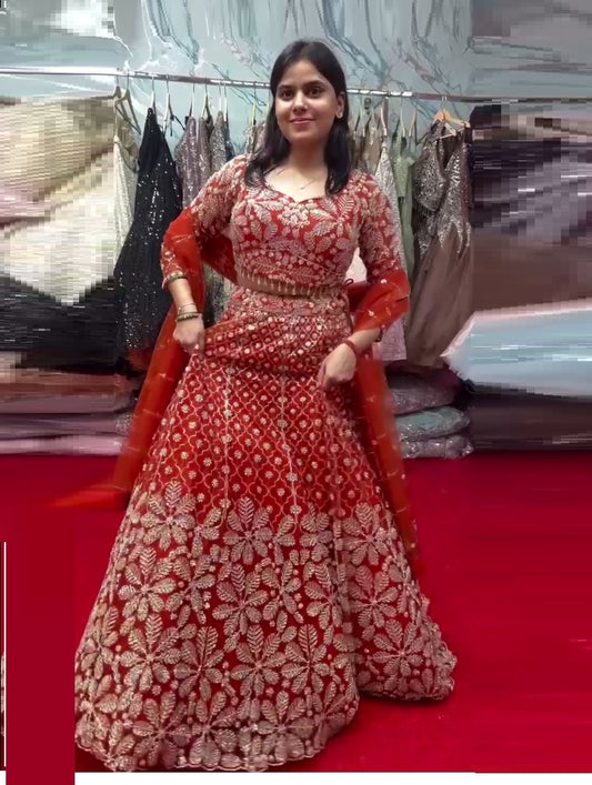 Wedding Wear Orange Color Soft Net Lehenga Choli