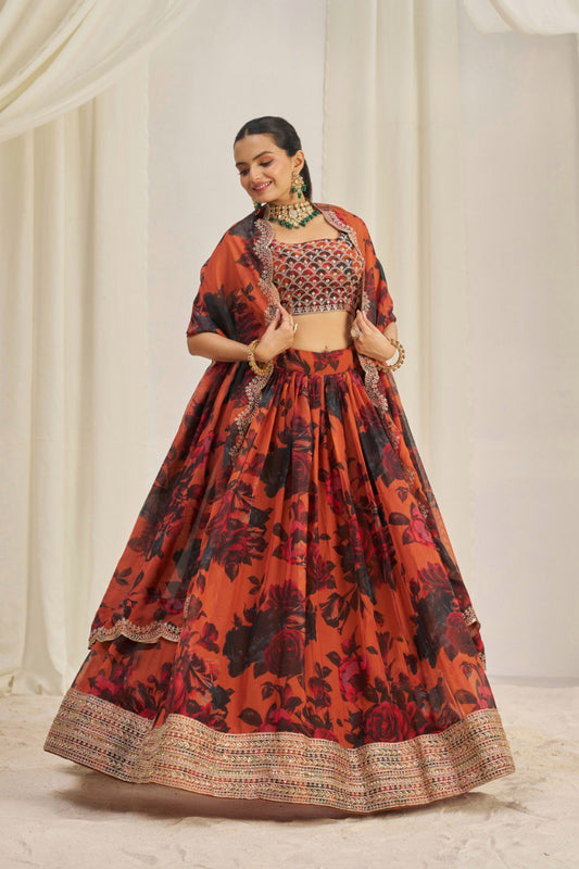 Orange Color Print & Embroidered Organza Silk Lehenga Choli
