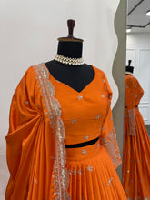 Load image into Gallery viewer, Orange Color Satin Silk Unique Designer Lehenga Choli
