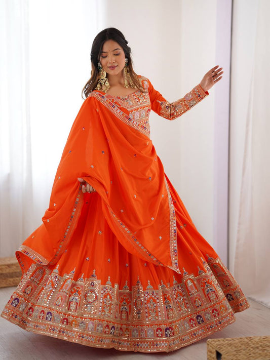 Orange Color Crep Silk Embroidered Semi Stitched Lehenga Choli