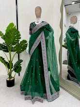 Load image into Gallery viewer, Green Organza Silk Heavy Border Work Wedding Wear Saree
