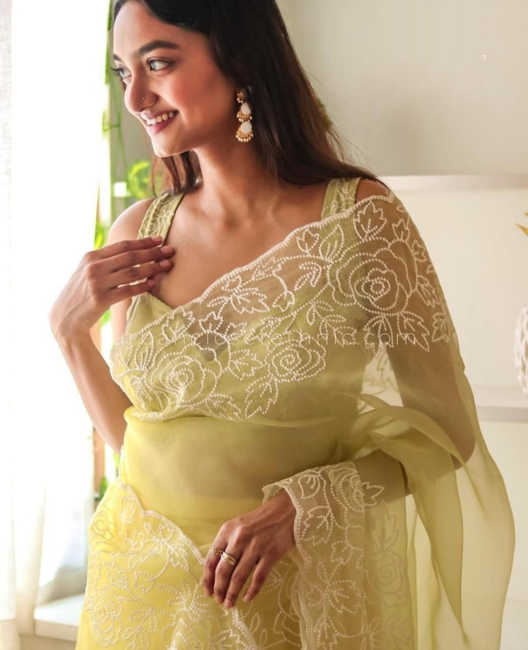 Light Mehndi Color Organza Silk Embroidered Border Saree