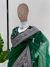 Load image into Gallery viewer, Green Organza Silk Heavy Border Work Wedding Wear Saree
