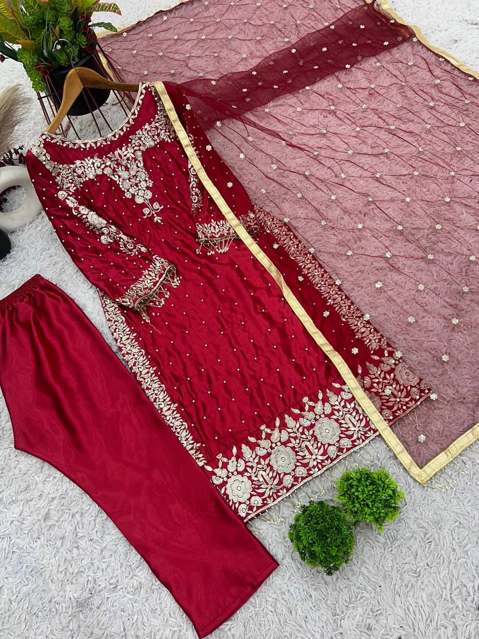 Party Wear Maroon Satin Silk Embroidered Ready to Wear Salwar Suit