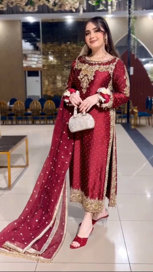 Party Wear Maroon Satin Silk Embroidered Ready to Wear Salwar Suit