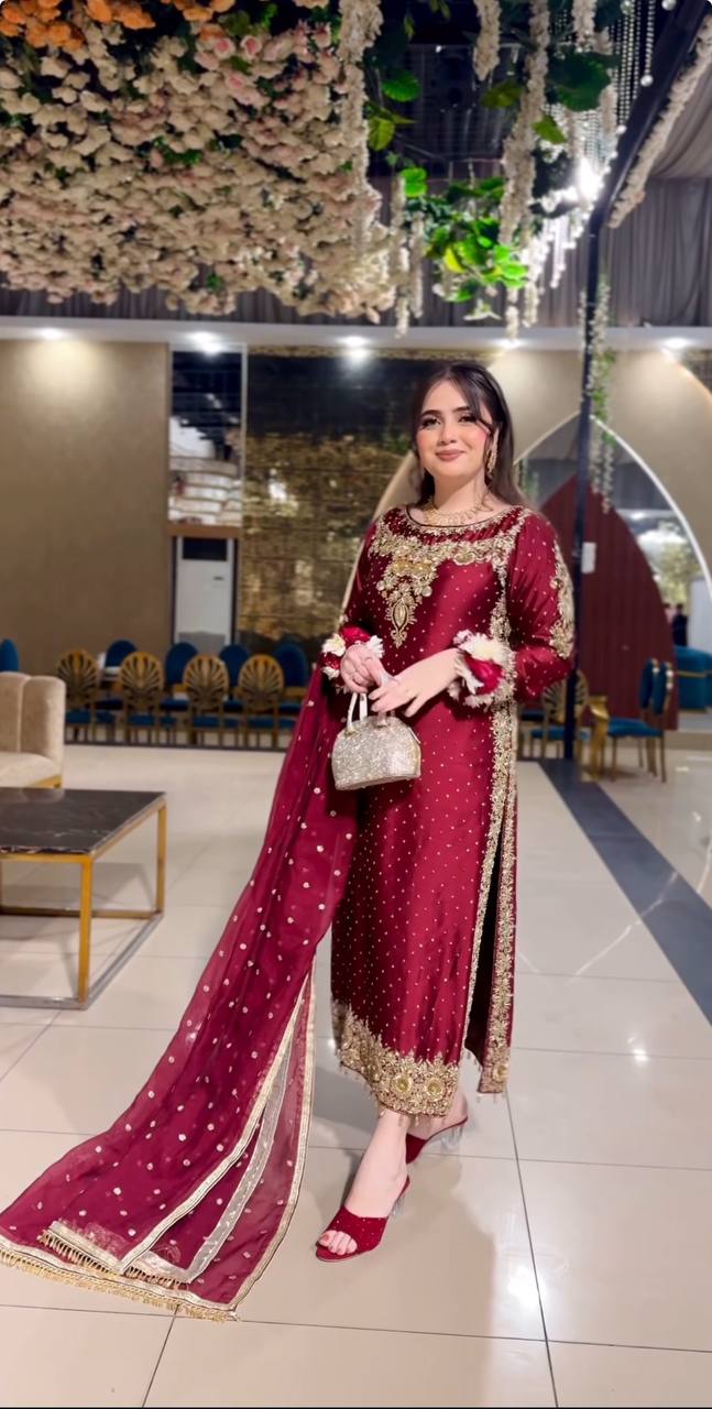 Party Wear Maroon Satin Silk Embroidered Ready to Wear Salwar Suit