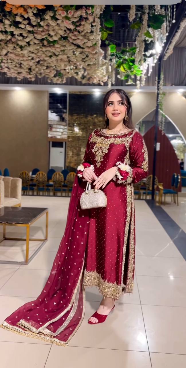 Party Wear Maroon Satin Silk Embroidered Ready to Wear Salwar Suit