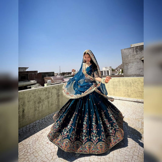 Steel Blue Foux Gorgette Thread Parrot Work Design Lehenga Choli
