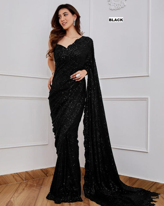 Exclusive Black Color Wedding Wear Georgette Sequence Embroidered Work Saree Blouse