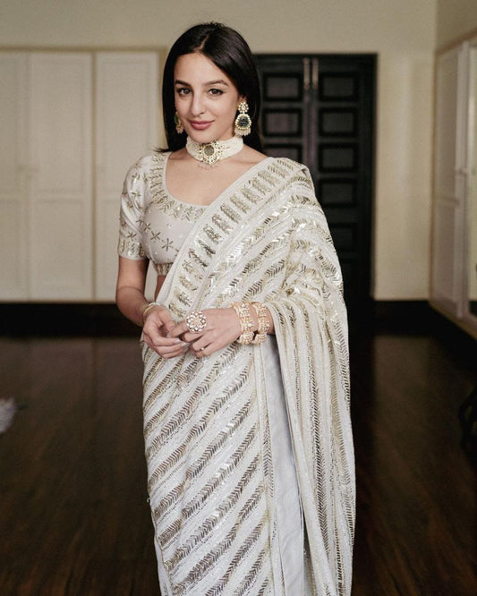 Ivory Rabadi Color Georgette Sparkling Sequence Work Saree