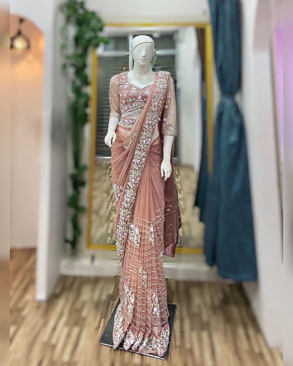 Dazzling Peach Colour Party Wear Soft Net Saree