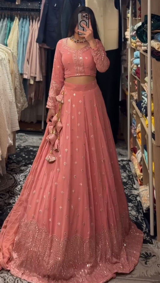 Peach Color Georgette Semi Stitched Embroidered Lehenga Choli