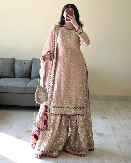 Peach Color Fully Stitched Georgette Sharara Suit