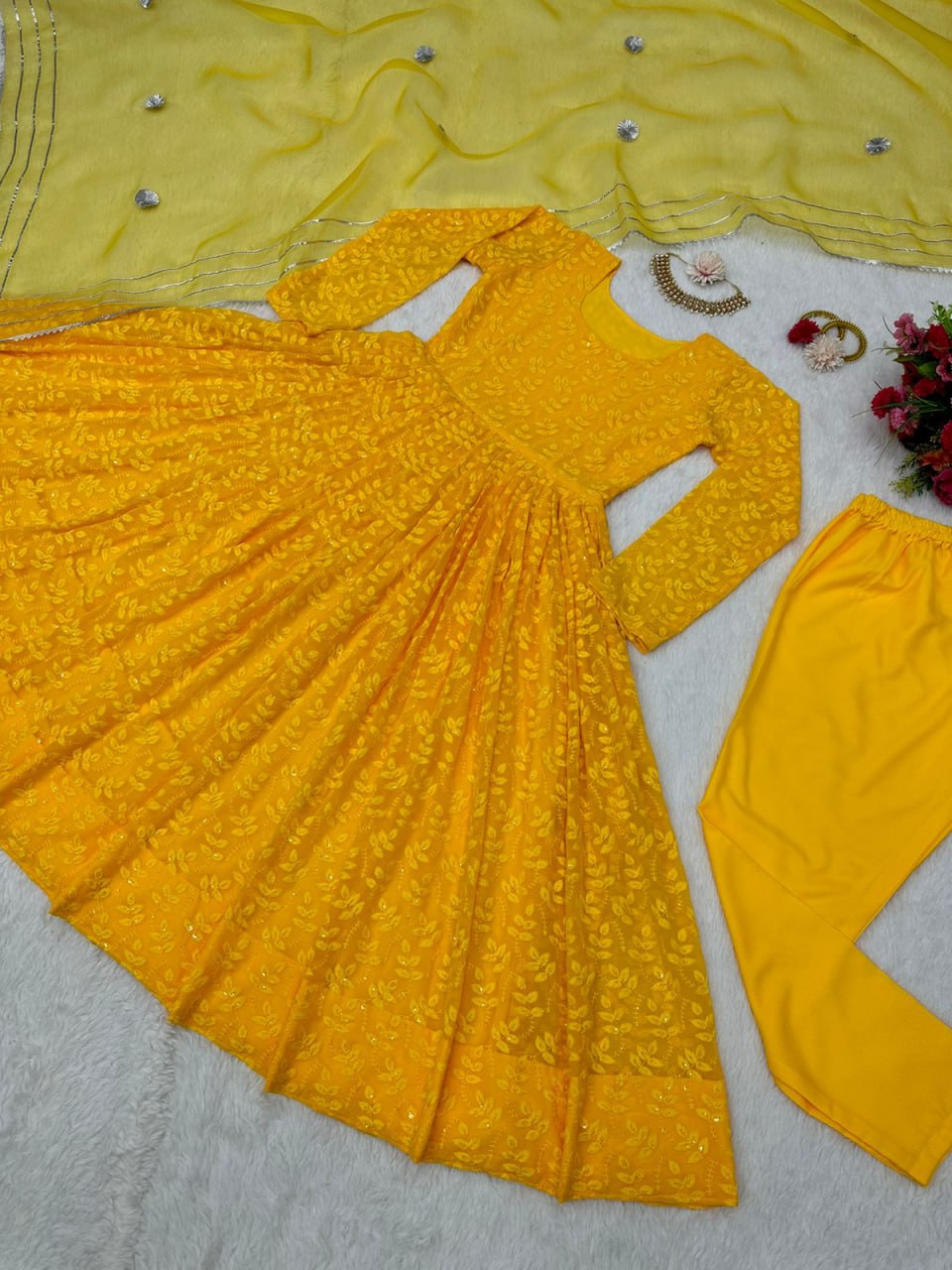Georgette Chikan Work Full Stiched Suit With Orgenza Duppta