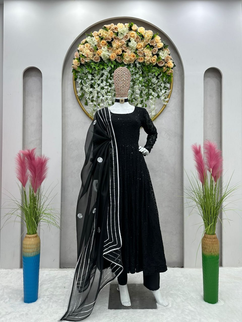 Georgette Chikan Work Full Stiched Suit With Orgenza Duppta